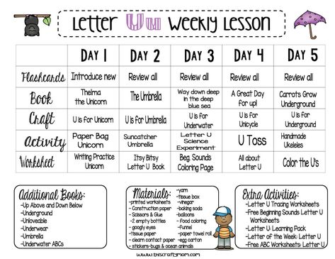 LETTER U – FREE PRESCHOOL WEEKLY LESSON PLAN – LETTER OF THE WEEK - This Crafty Mom Alphabet Lesson Plans, Preschool Weekly Lesson Plans, Daycare Lesson Plans, Weekly Lesson Plan, Curriculum Lesson Plans, Toddler Lessons, Homeschool Preschool Activities, Lesson Plans For Toddlers, Preschool Lesson Plan