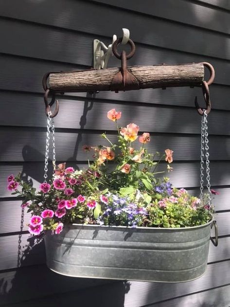 Flower Pots On Front Porch, Pots On Front Porch, Clean Garden Tools, One Little Project, Rustic Landscaping, Galvanized Tub, Farming Equipment, Tub Ideas, Hanging Flower Pots