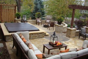 Backyard Retreat - traditional - patio - minneapolis - Superior Lawn and Landscape Realestate Instagram, Tea Crochet, Backyard Entertaining Area, Hot Tub Landscaping, Hot Tub Designs, Hot Tub Patio, Patio Remodel, Living Pool, Dog Education