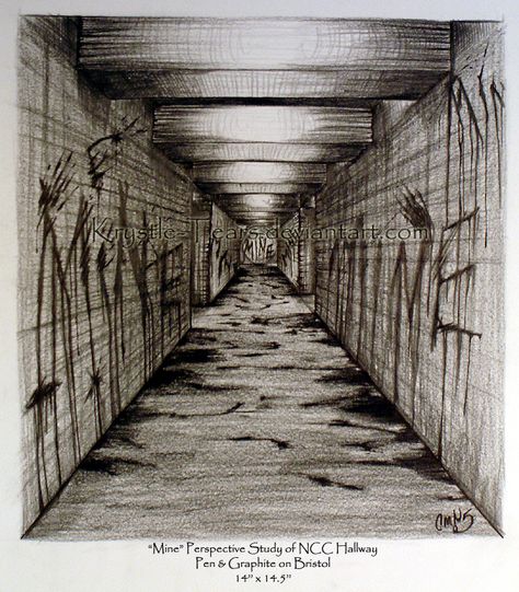 Charcoal gives this image amazing perspective as well as dark tones which contrasts very well with the highlights. Creepy Perspective Drawing, Halloween Perspective Art, I Point Perspective Drawing, One Point Perspective Hallway, Creepy Hallway Drawing, Character In Perspective, Dark Scary Room, 2 Pt Perspective, Scary Room