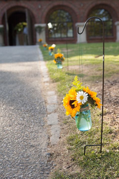 The sidewalk at Avondale Villa was lined with blue mason jars on shepherd hooks filled with sunflowers, daisies, and solidago. Villa Wedding Reception, Yellow Wedding Colors, Wedding Reception Entrance, Sunflower Wedding Decorations, Wedding Jars, Rustic Sunflower Wedding, Sunflower Themed Wedding, Deco Champetre, Sunflowers And Daisies