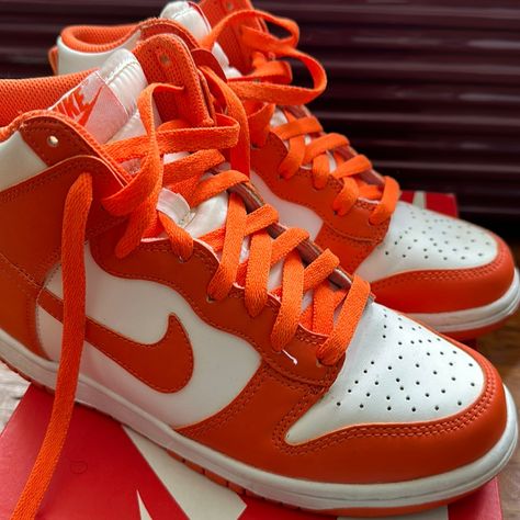 Nike Dunk High Color White/Orange Blaze-White. Size 5 Youth. Will Fit A Women’s 7.5. Please Note Item Is Not Brand New. They Are In Good Condition But Have Been Worn Two/Three Times Orange Lace-up Sneakers, Orange Round Toe Sneakers For Spring, Spring Orange High-top Sneakers With Round Toe, Orange Cushioned Sneakers For Spring, Nike Orange Sneakers For Spring, Spring Orange Cushioned Sneakers, Orange Lace-up High-top Sneakers, Orange Lace-up Sneakers For Spring, Orange Lace-up High-top Sneakers With Rubber Sole