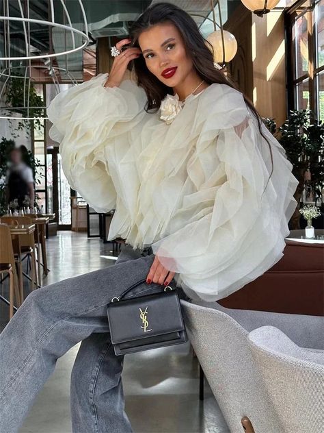 ABEBEY Patchwork Ruffled White Shirts Fashion Elegant For Women High Waist Long Sleeve Casual Streetwear Ladies Blouse Top 2024 Ladies Blouse, Fits Clothes, Ruffles Fashion, Chiffon Ruffle, Fashion Elegant, Loose Outfit, Solid Clothes, White Shirts, Casual Streetwear