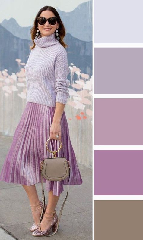 Color Combination With Lilac, Lilac Skirt Outfit Color Combos, Combination With Lavender Color, Lilac Colour Combinations Outfit, Purple Contrast Color Combinations Dress, Lilac Color Combinations Outfit, Pleated Skirt Outfits, Romantic Clothing Style, Colourful Style