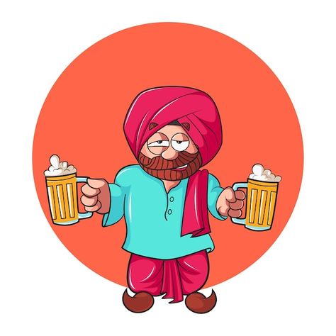 Punjabi Illustration Art, Indian Illustration Character, Punjabi Illustration, Punjabi Cartoon, Beer Cartoon, Happy Character, Wing Tattoo Men, Random Idea, Chicken Vector