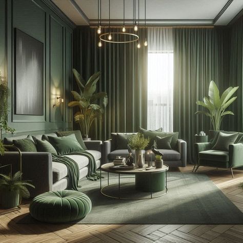 Forest Green Dark Green Living Room Moss Green Curtains Emerald Green Living Room, Green Living Room Ideas, Dark Green Living Room, Future Interior Design, Green Sofa Living Room, Penthouse Living, Green Accent Walls, Green Living Room, Green Curtains