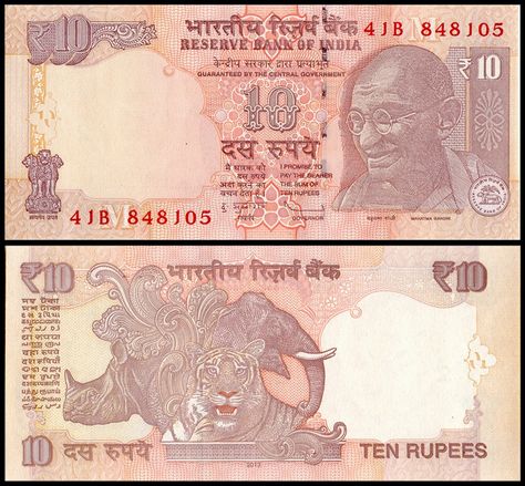 India 10 Rupees, 2013. The color consists of hints of orange, and brown. On its obverse are the lion capital of Ashoka pillar, a portrait of Mahatma Gandhi, and the bank seal with a tiger and a palm tree. The reverse of the note depicts a language panel, a rhinoceros, a Bengal tiger, and an elephant. Available at www.banknoteworld.com #India #Ghandi #Mumbai #NewDelhi #Banknote #PaperMoney #Numismatic #Currency 10 Rupees Note, Mathematics Images, Old Coins For Sale, Ganesh Photo, Currency Design, Money Notes, Dont Touch My Phone Wallpaper, Bank Of India, Vedic Art