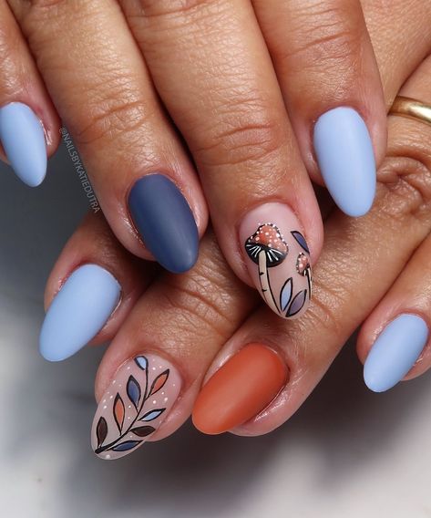 Luminary Nail Systems on Instagram: ““Today a reader, tomorrow a leader” . @nailsbykatiedutra 💙🧡 . #fallart #falldesign #fallmani #cutemani #mushrooms #mushroommani…” Luminary Nails Design, Luminary Nails, Boho Nails, Basic Nails, Autumn Nails, Funky Nails, Floral Nails, Chic Nails, Blue And Orange