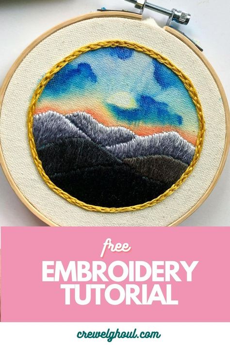 free mixed media watercolor embroidery class. Learn how to embroider a mountain landscape and sunset with watercolor and thread. / Crew Ghoul -- #embroidery #DIY Watercolor Embroidery, Stitch Things, Mixed Media Watercolor, Modern Embroidery Kit, Design Catalog, Basic Hand Embroidery Stitches, Beginner Embroidery, Painting Embroidery, Textile Art Embroidery