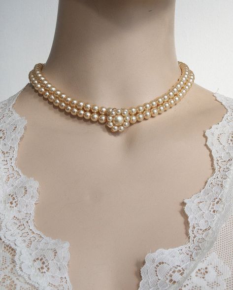 Wedding Necklace Vintage, Wedding Necklace Pearl, Choker Pearl Necklace, Choker Pearl, Gold Pearl Jewelry, Necklaces Ideas, Romantic Necklace, Bridal Pearl Necklace, Bridal Choker