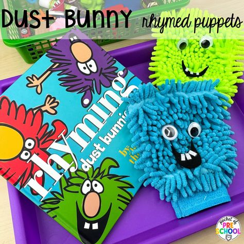 Rhyming dust bunny puppets plus more rhyming activities for preschool, pre-k, and kindergarten students that are hands-on, engaging, and educational. Rhyming Dust Bunnies Activities, The Napping House Activities Preschool, Rhyming Dust Bunnies, Teaching Rhyming, Play Based Activities, The Napping House, Story Baskets, Syllables Activities, Pocket Of Preschool