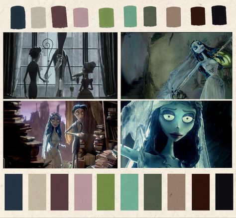 Cool vibrant dark color palette for the Tim Burton movie Corpse Bride johnny depp timburton zombie goth cinematography color colour colorpallete The Corpse Bride Color Palette, Tim Burton Color Scheme, Corpse Bride Colors, Corpse Bride Color Scheme, Tim Burton Colour Palette, 15 Color Palette, Tim Burton Moodboard, Halloween Colour Scheme, Corpse Bride Color Palette