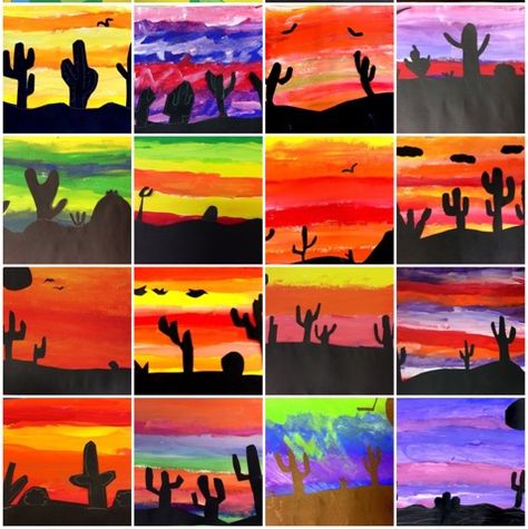 Mrs. Knight's Smartest Artists: New batch of clay cacti pots and desert silhouettes Mexico Art Projects, Desert Biome Activities, Wild West Art Projects For Kids, Desert Art Preschool, Texas Art Projects For Kids, Arizona Crafts For Kids, Rodeo Art Elementary, Western Art Projects For Kids, Desert Art Projects For Kids