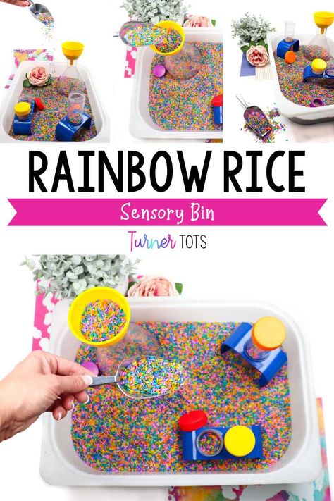 A sensory bin with rainbow rice? Your preschoolers will be begging to visit this station over and over again! The rainbow rice sensory bin is easy to create. For this bin, fill it with rainbow rice, test tubes, and funnels. Your toddlers can work on scooping and pouring the rice into the bin. It’s the perfect rainbow rice idea for your rainbow theme this spring! Click to see all of the details on the blog. Rainbow Fine Motor Activities, Fruit Loop Necklace, Rainbow Rice Sensory Bin, Fine Motor Activities For Toddlers, Turner Tots, Motor Activities For Toddlers, Rice Sensory Bin, Leprechaun Activities, Sensory Bin For Toddlers