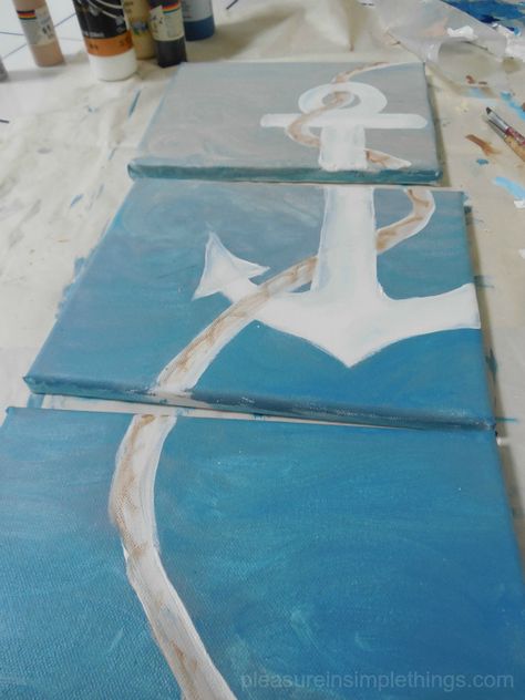 anchor triptych Deco Theme Marin, Easy Canvas Painting, Canvas Painting Diy, Beach Crafts, Crafty Craft, Craft Time, Mail Art, Diy Canvas, Beach Art