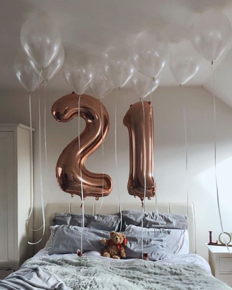 Innovate.Decorate.Celebrate🎉 on Instagram: “Cheers to 21 Years 🎀🤍⁣ ⁣ 10 ceiling balloons and helium foil numbers to help transform a room for a special birthday! Staying indoors for…” Foil Number Balloons Decoration, 21 Birthday Balloons, Ceiling Balloon Decorations, Balloons On Ceiling, Balloons Ceiling, Room With Lights, Easy Room Makeover, Cozy Birthday, Cheers To 21 Years