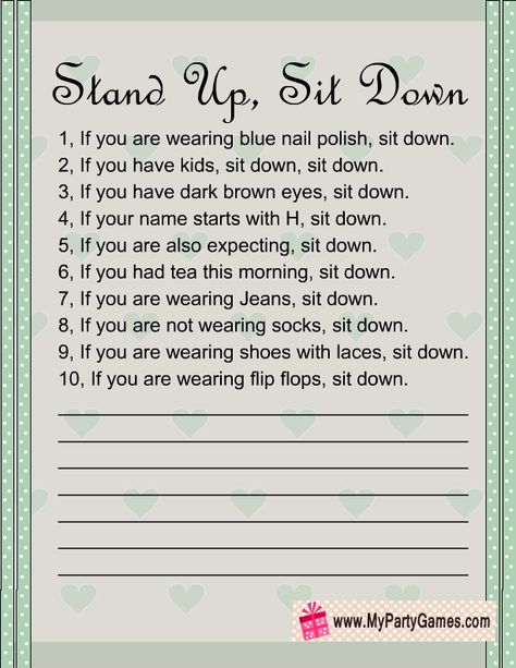 Stand Up If Game, Sit Or Stand Game, Stand Up Sit Down Game Questions, Funny Christmas Party Games, Womens Day Gift Ideas, Baby Shower Games For Large Groups, Christmas Quiz, Event Games, Kitty Party Games