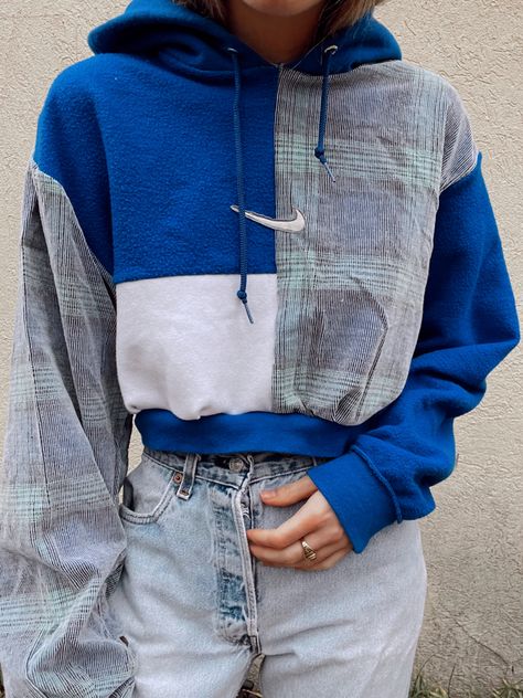 Upcycle Sport Clothes, Hoodie Sewing Ideas, Cheap Patchwork Sweatshirt For Streetwear, Trendy Oversized Patchwork Sweatshirt, Trendy Patchwork Sweatshirt For Streetwear, Fall Patchwork Hoodie For Streetwear, Upcycle Clothes Hoodie, Sweatshirt Upcycle, Upcycle Sweater Refashioning