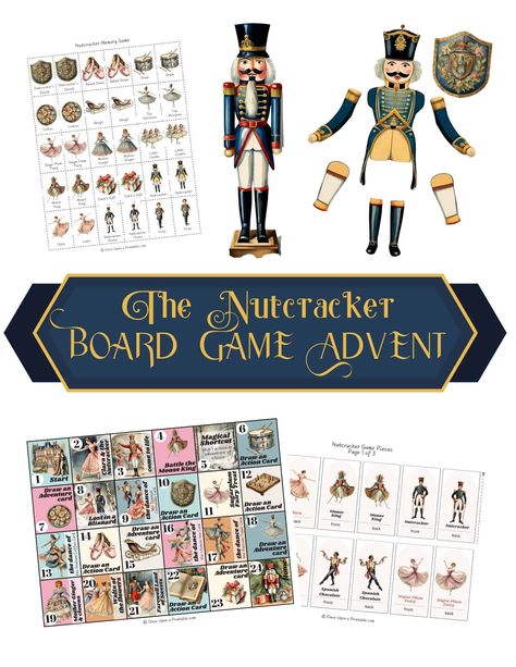 Discover our Nutcracker Advent Board Game Free Printable! Includes character pieces, game cards, crafts, recipes, and more. Perfect for festive family fun! Advent Games, Board Game Printable, Christmas Homeschool, Nutcracker Party, Mouse King, Action Cards, Puppet Crafts, Nutcracker Ballet, Christmas School