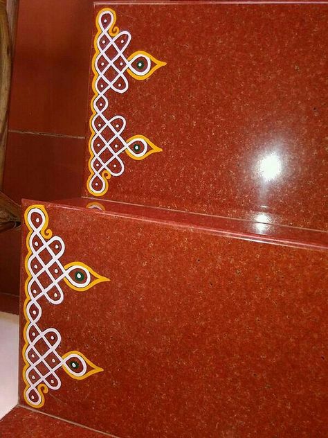 Rangoli Design For Stairs, Krishnajayanthi Decoration, Paint Muggulu On Floor, Steps Rangoli Designs, Stairs Rangoli Designs, Rangoli Designs Easy Simple, Rangoli Designs Easy, Design Stairs, Indian Rangoli Designs