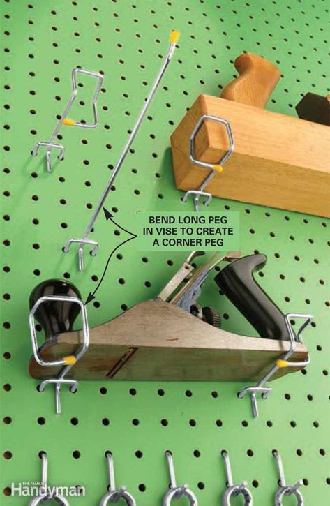 Corner-on Pegboard Hooks Pegboard Garage, Pegboard Storage, Garage Organization Tips, Peg Hooks, Woodshop Organization, Garage Organize, Tools Storage, Storage Idea, Storage Tips