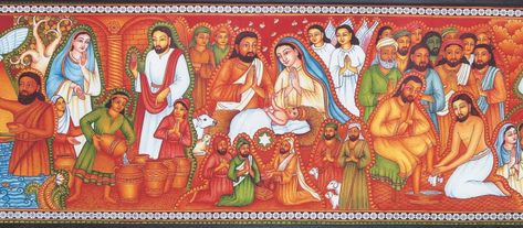 For the first time ever, Sasi K Warier, a leading Kerala Mural artist, has done a large canvas painting on a Christian theme By Shevlin Se... Christian Mural, Kerala Mural Art, Hindu Gods And Goddesses, Gold Frankincense And Myrrh, Long Eyebrows, Paintings Of Christ, Mural Paintings, Contemporary Folk Art, Jesus Christ Painting