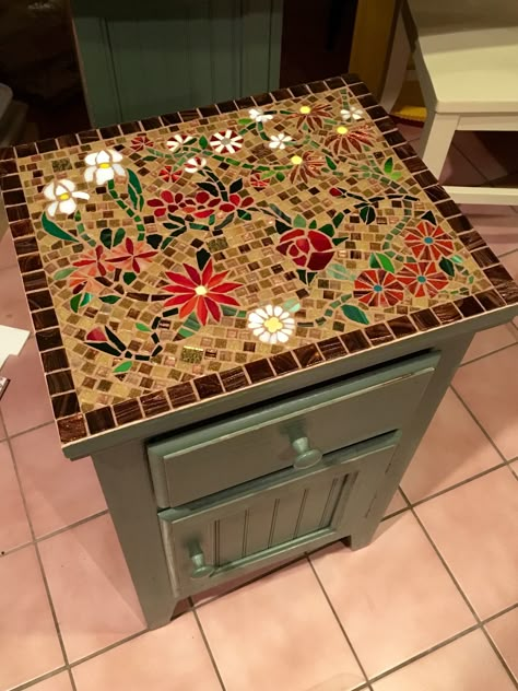 Mosaic Dresser Top, Mosaic End Table, Mosaic Table Top Designs Square, Mosaic Bedside Table, Tile End Table, Mosaic Nightstand, Diy Mosaic Table Top, Mosaic Dresser, Mosaic Cabinet