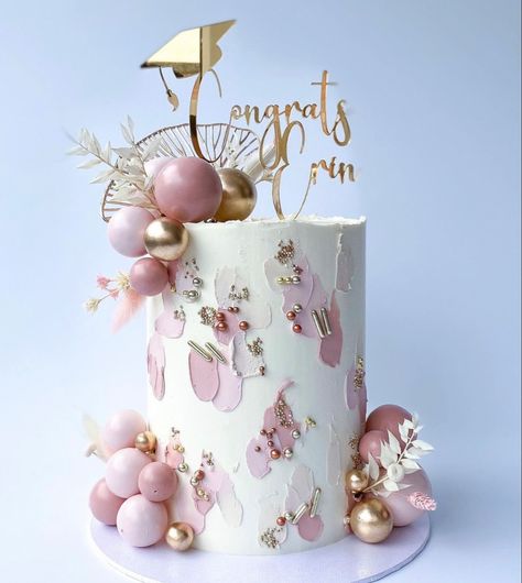 Graduation Cakes Pink, Pink Graduation Party Cake, Cake Designs For Ladies, Pink Gold White Cake, Pink Graduation Cake Ideas, Balloon Cake Ideas, Light Pink And Gold Cake, 18th Birthday Cake For Girls Elegant Pink, Trendy Birthday Cakes