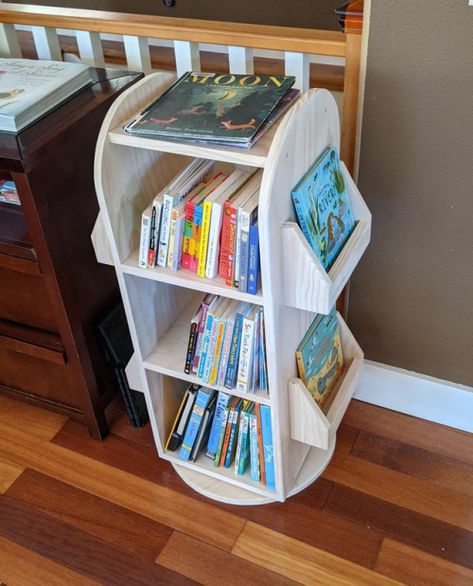 Rotating Bookshelf Plans, Bookshelves For Kids, Room With Bookshelves, Toddler Wardrobe, Toddler Bookcase, Diy Bookshelf Kids, Rotating Bookshelf, Toddler Closet, Unique Bookshelves