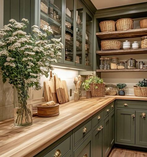 Hickory Cabinets Butcher Block Counter, White Uppers Green Lowers, Green Kitchen Wooden Countertop, Cottagecore Interior Design Kitchen, Modern Farmhouse Green Kitchen, English Cottage Cabinets, Olive Green Cabinets With Butcher Block, Green Kitchen With Butcher Block Counter, Cottage Cabinets Kitchen