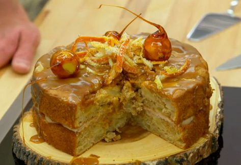 Steven’s bonfire night cake on The Great British Bake Off 2017- use https://www.allrecipes.com/recipe/20898/caramel-frosting-vi/ as topping and mascarpone with cinnamon and powdered sugar as filling Toffee Apple Cake Bonfire Night, Bonfire Night Cake, Bonfire Cake, British Baking Show Recipes, Fire Cake, British Bake Off Recipes, Spiced Cake, Bake Off Recipes, Heavenly Desserts