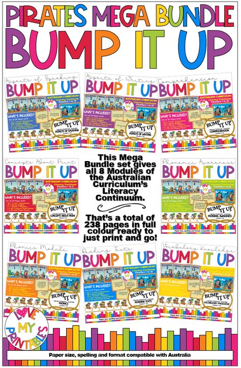 Pirates themed Bump It Up Wall for your early years classroom. This package is for all 8 modules of the Australian Literacy Continuum. The Bump It Up concept is used to monitor and track student progress throughout each of the nominated "clusters" using student-friendly "I Can" statements on each. This package is in full colour and is a total of 238 pages in PDF format. Click here to purchase or for more info... Bump It Up Wall, Pirates Theme, Bump It, Early Years Classroom, Printable Classroom Decor, I Can Statements, School Printables, Australian Curriculum, Teaching Style