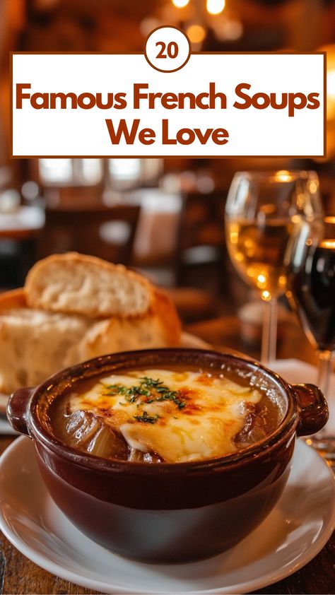 A bowl of rich French onion soup topped with melted cheese, alongside a creamy bisque in a rustic French kitchen setting. Belgian Soup Recipes, French Recipes Authentic Dinner, Soup Recipes From Around The World, French Soup Recipes, Peasant Soup Recipe, French Soups, Authentic French Recipes, French Recipes Dinner, French Lentil Soup