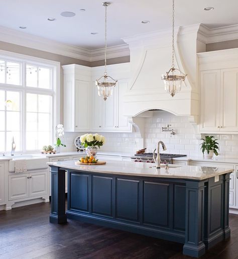 Dark Navy Island Kitchen, Cream Kitchen Cabinets With Blue Island, Blue Kitchen Island White Cabinets, White Cabinets Blue Island, Kitchen With Blue Island, White Kitchen With Blue Island, White Kitchen Blue Island, Blue Island White Cabinets, Navy Kitchen Island