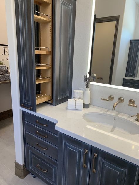 Small Bathroom Cabinets Ideas, Bathroom Cabinet Layout Ideas, Building Bathroom Cabinets, Bathroom Vanity With Linen Closet, Corner Cabinet Vanity, Bathroom Appliance Garage, Bathroom Vanity With Towel Storage, Large Bathroom Cabinet Ideas, Bathroom Vanity With Sliding Door