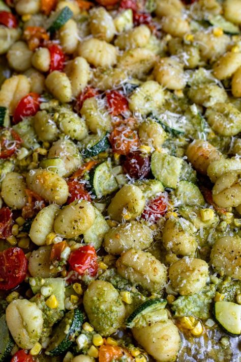 Sheet Pan Summer Gnocchi Gnocchi With Vegetables, Summer Gnocchi, Summer Pesto, Pesto Gnocchi, Summer Flavors, Sweet Potato Gnocchi, One Pan Dinner, Recipe Sheets, Summer Veggies