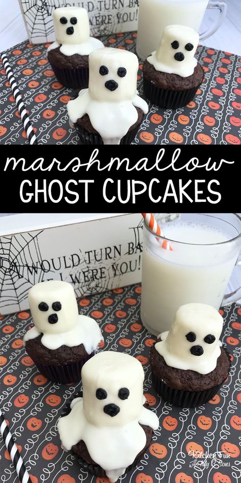 Marshmallow Ghost Cupcakes for Halloween. These are so much fun! #halloween #ghost #brownies #funfood Halloween Cupcake Recipes, Cupcakes For Halloween, Halloween Themed Party, Ghost Cupcakes, Halloween Cupcake, Halloween Ghost, Cupcake Recipes, Themed Party, Spooky Halloween