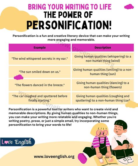 Personification Examples, Esl Grammar, Non Human, Inanimate Objects, Literary Devices, Sense Of Life, Character And Setting, Figurative Language, Interpersonal Relationship