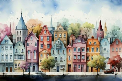 Housing Landscape, Watercolor Houses, Row Of Houses, House Watercolor, Amsterdam Houses, Pastel House, Cityscape Art, Drawing Images, Free Vectors