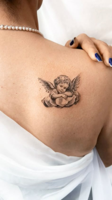 Small tattoo by 1991.ink Angel On Knees Tattoo, Tattoo From Photo, Realistic Angel Tattoo, Cherub Angel Tattoo, Angel Tattoo Ideas, Small Angel Tattoo, Cool Finger Tattoos, Zen Tattoo, Baby Angel Tattoo