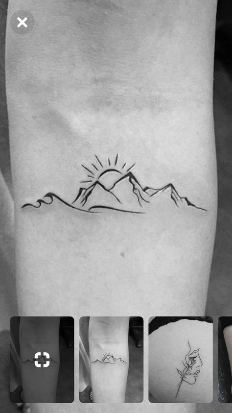 Sunset Tattoo Mountain, Music Nature Tattoo, Bc Tattoo Ideas, Hawaii Mountain Tattoo, Sunrise Over Mountains Tattoo, Dainty Mountain Tattoos For Women, Mountain Beach Tattoo, Mountain Sunrise Tattoo, Waves And Mountains Tattoo