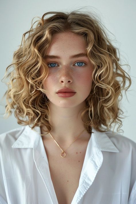 Shoulder Length Hair Wavy Natural Blonde, Wavy Hair Long Bob Haircut, Blonde Curly Hair Pale Skin, Long Bob Hairstyles For Curly Hair, Short Curly Womens Hair, Short Curly Bob Blonde, Layered Lob Curly Hair, Short Curly Hair For White Women, French Girl Curly Hair