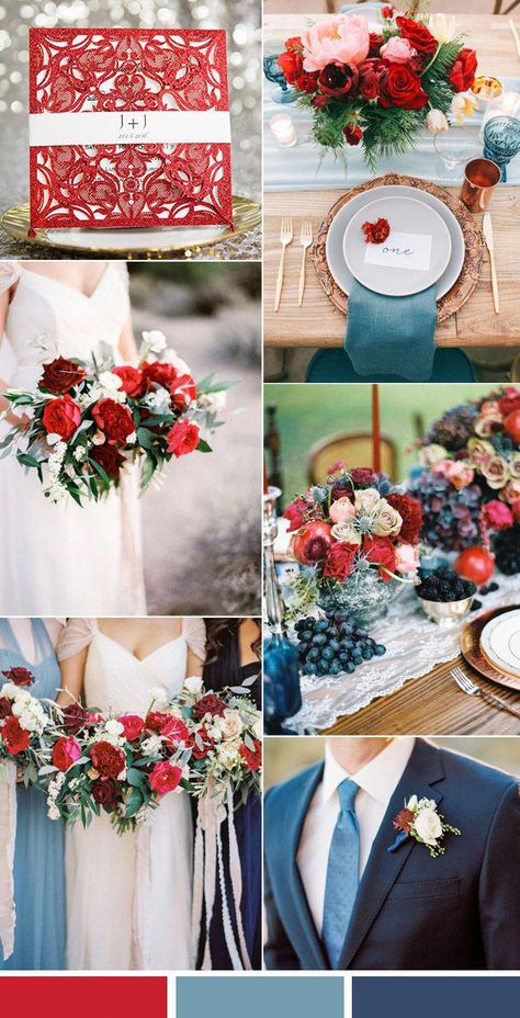 gorgeous fresh red and blue summer and autumn wedding color inspiration #weddingplanningchecklist Red And Blue Wedding, Wedding Ceremony Checklist, Red White And Blue Wedding, Wedding Theme Color Schemes, Wedding Color Palettes, Wedding Colors Red, Red Wedding Theme, Glitter Wedding Invitations, Wedding Themes Fall