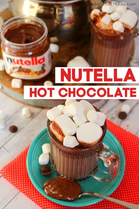 Nutella Hot Chocolate | The BEST Nutella Hot Chocolate Recipe! #nutellarecipe #nutellahotchocolate Nutella Recipes Drinks, Christmas Party Drink Recipes, Nutella Hot Cocoa, Nutella Hot Chocolate Recipe, Hot Chocolate Toppings, Christmas Cookie Exchange Recipes, Nutella Hot Chocolate, Hot Chocolate Cocoa, Delicious Hot Chocolate