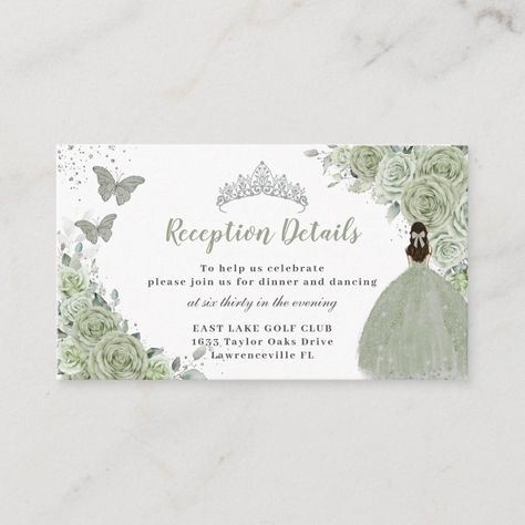 Quinceanera Reception, 75th Birthday Invitations, Green Invitations, Green Princess, Rose Gold Invitations, Sage Green Floral, Sage Wedding, Quince Ideas, Reception Details