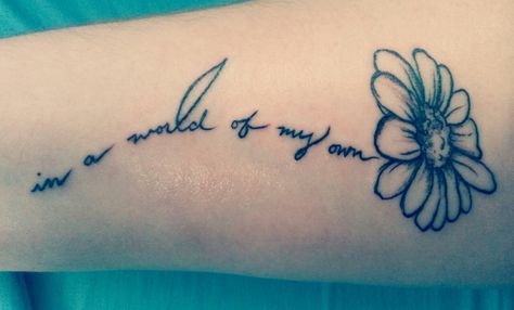 Alice in wonderland tattoo to go with my sunflower tattoo I love how the words are the stem Wörter Tattoos, Princess Tattoo, Literary Tattoos, Wildflower Tattoo, Wonderland Tattoo, Daisy Tattoo, Alice And Wonderland Quotes, Subtle Tattoos, Sunflower Tattoo