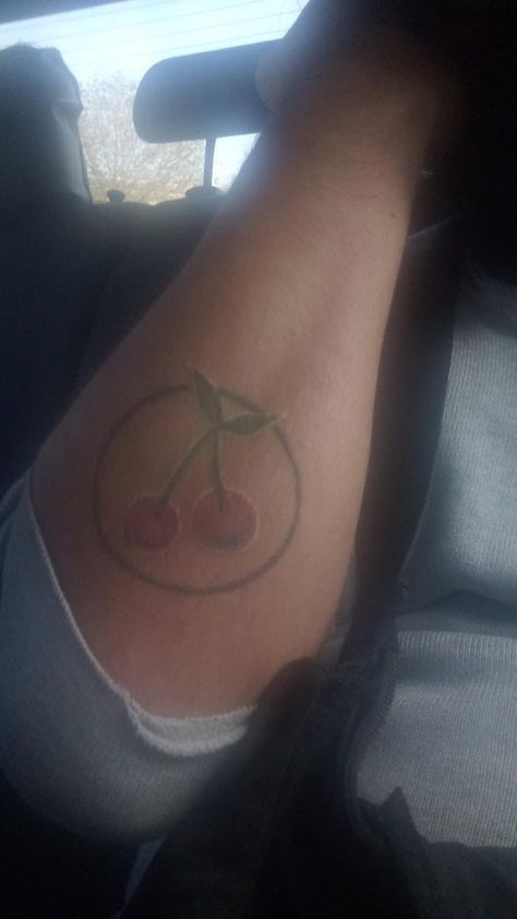 Cherry Tattoo Lana Del Rey, Lana Del Rey Cherry Tattoo, Cherry Waves Tattoo Deftones, Cat Cherry Tattoo, Cherry Tattoo Placement Ideas, Kings Of Leon Tattoo Ideas, Kings Of Leon Tattoo, Leon Tattoo, Cherry Tattoo