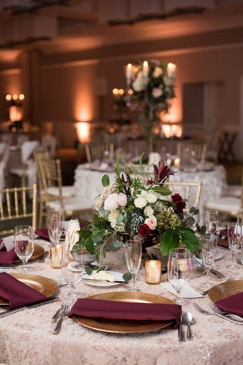 20 Chic Burgundy Wedding Centerpieces 2024 | Roses & Rings Reception Hotel, Burgundy Wedding Centerpieces, Gold Wedding Centerpieces, Reception Table Settings, Diy Wedding Reception, Wedding Table Linens, Fall Wedding Centerpieces, Wedding Reception Tables, Wedding Table Decorations