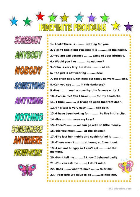 INDEFINITE PRONOUNS - English ESL Worksheets Indefinite Pronouns Worksheets, Pronouns Exercises, English Printables, Worksheets 1st Grade, Pronouns Worksheet, Indefinite Pronouns, Singular Nouns, Possessive Pronoun, Alphabet Phonics