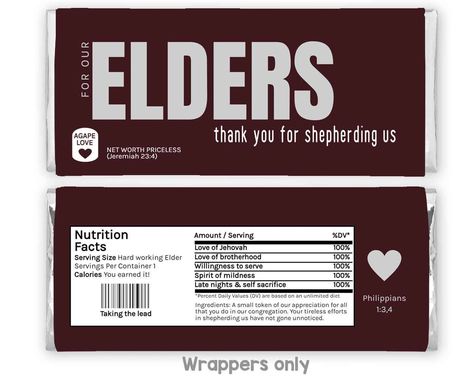 Elder candy bar wrappers for jw pioneer gift. These are 5.25 inches wide by 6 inches long and will wrap around a standard 1.55oz candy bar with overlap for tape.  More gifts: https://www.etsy.com/shop/digitaldoodlebug?ref=si_shop%C2%A7ion_id&section_id=38553541 Jw Elder School Gifts, Pioneer Appreciation Dinner, Elders Appreciation Jw Gifts, Elder Appreciation Jw Gifts, Gifts For Elders Jw, Elder Gifts Jw, Jw Elder Gifts Ideas, Elders Gifts Jw, Jw Elders Appreciation Gift Ideas